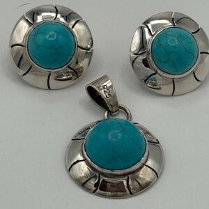 Elegant 9.25 Sterling Silver Pendant and Earrings Set with Turquoise NO Chain